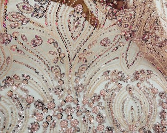 Blush Beaded Lace Fabric, Embroidered Mesh, Bridal Wedding Dress Fabric