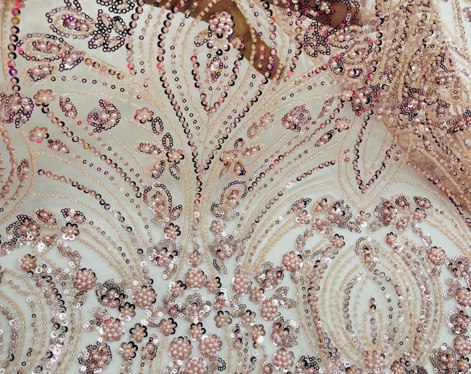 Blush Fashion Design Beads and Sequins, Luxury Beaded Fabric Embroidered on a Mesh Lace,Wedding,Bridal,Dress Sold By The Yard