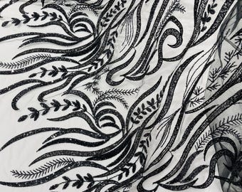 Black Beaded Lace Fabric: Embroidered Floral Mesh, Bridal Gown Material