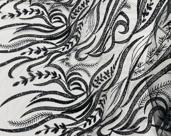 Black Beaded Lace Fabric: Embroidered Floral Mesh, Bridal Gown Material