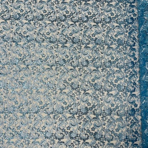 Metallic Blue Floral Lace Fabric By The Yard, Embroidery With Sequins on a Mesh Lace Fabric, Corded sequins Lace