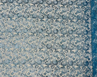 Metallic Blue Floral Lace Fabric By The Yard, Embroidery With Sequins on a Mesh Lace Fabric, Corded sequins Lace
