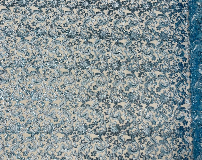 Metallic Blue Floral Lace Fabric By The Yard, Embroidery With Sequins on a Mesh Lace Fabric, Corded sequins Lace