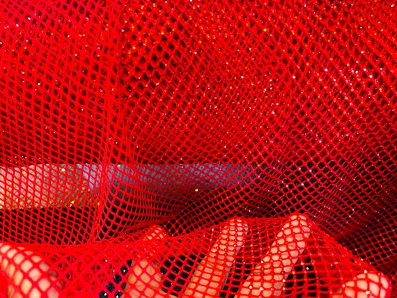 Red Rhinestone Fabric on Red Stretch Net Fabric, Spandex Fish Net
