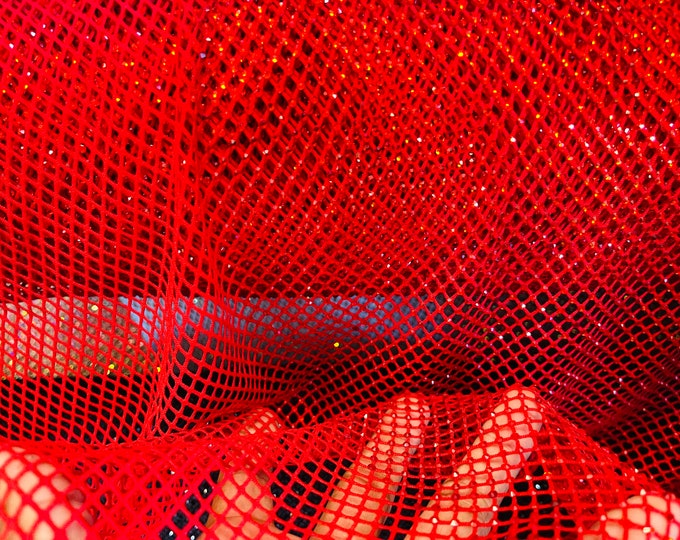 Red Rhinestone Fabric On Red Stretch Net Fabric, Spandex Fish Net with Crystal Stones sold by the yard