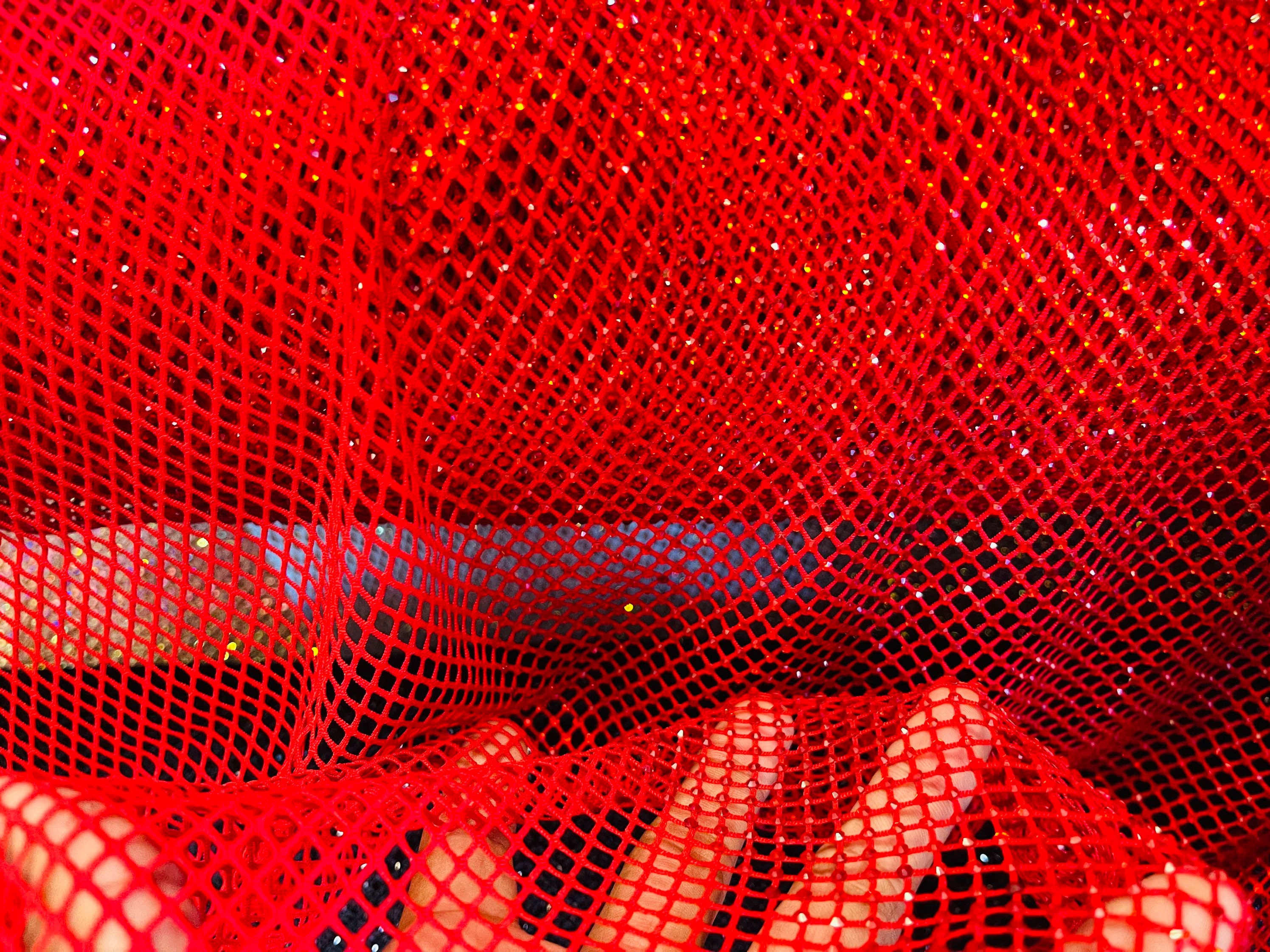 Red Rhinestone Fabric On Red Stretch Net Fabric, Spandex Fish Net