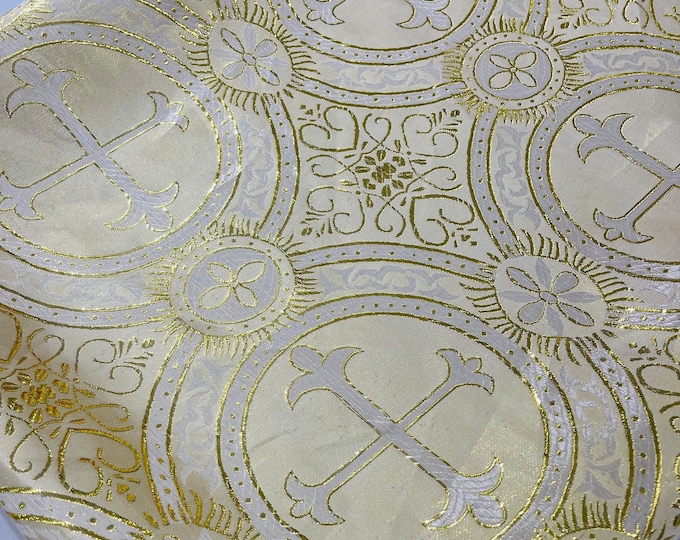Ivory/gold Religious Brocade | Liturgical Fabric | Ecclesiastical Jacquard | Church | Vestment - Cross Brocade by the Yard Wide 58/60"