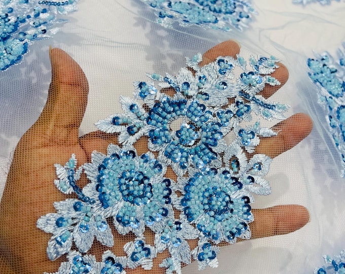 Blue Beaded Lace Fabric: Embroidered Mesh, Bridal Wedding Dress - Sold By The Yard