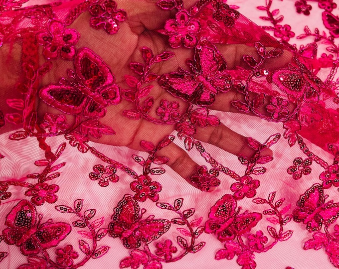 Fuchsia Metallic Corded Lace Small Butterfly by Yard, Metallic Thread Butterfly Design Embroidered With Sequin on a Mesh Lace Fabric