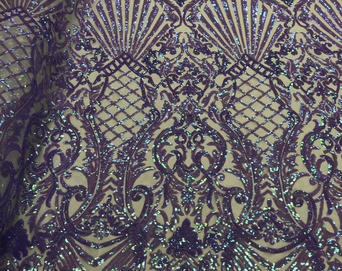 Lilac Iridescent - Selena Design on a 4 Way Stretch Sequin Lace Mesh - Prom Gala Gown Fabric By Yard
