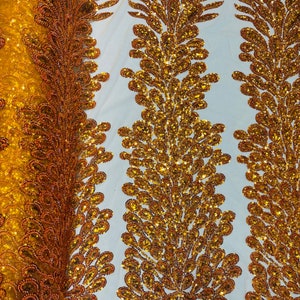 Burnt Orange Vegas Design with Embroidered Sequins and Beads On Mesh Beaded Peacock Feathers 3D Lace Fabric for Prom Dress Choose The Panel image 7