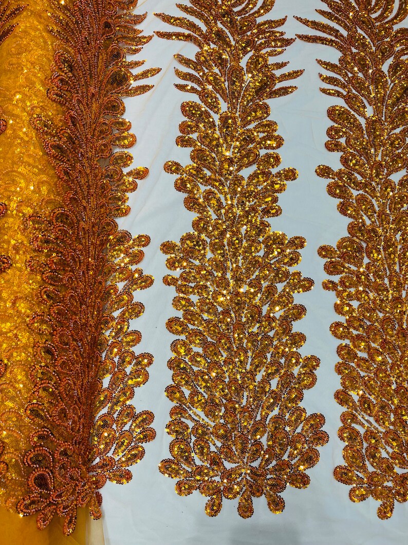 Burnt Orange Vegas Design with Embroidered Sequins and Beads On Mesh Beaded Peacock Feathers 3D Lace Fabric for Prom Dress Choose The Panel image 7
