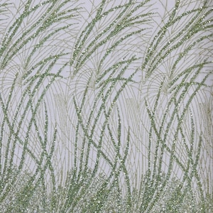 Sage Beaded Fabric Sold By The Yard, Fashion Design Beads and Sequins, Beaded Fabric Embroidered on a Mesh Lace,Wedding,Bridal,Dress