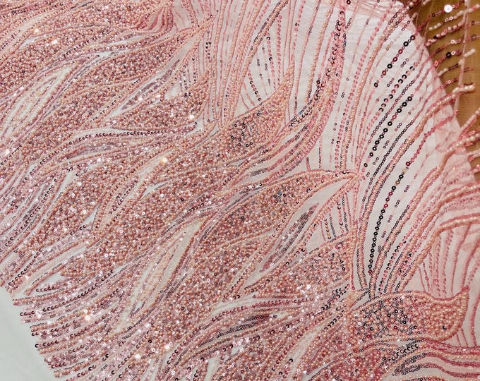 Pink Beaded Lace Fabric: Embroidered Mesh, Bridal Wedding Dress - Sold By The Yard