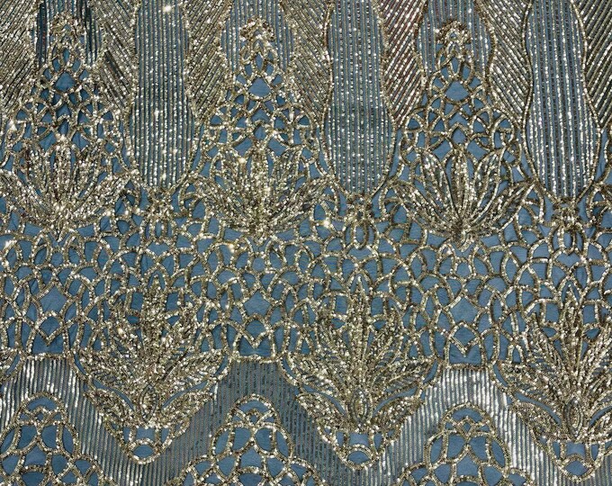 Gold Sequin Fabric | Black Mesh Floral Damask Design on a 4 Way Stretch | Sequins Lace | Spandex Fabric For Prom-Gown By The Yard