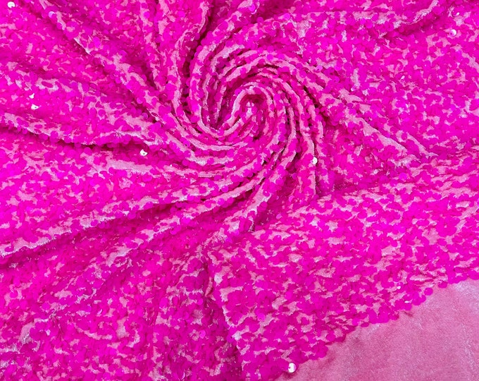 Hot Pink Sequin Fabric on Pink Stretch Velvet - by the yard - all Over 5mm Sequins Velvet 2-way Stretch 58/60”