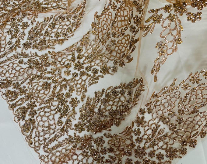 Rose Gold Silver Rhinestones Glitter Fabric on a Mesh By The Yard | Geometric Damask Glitter Rhinestones on Mesh Fabric, Wedding Bridal/Prom