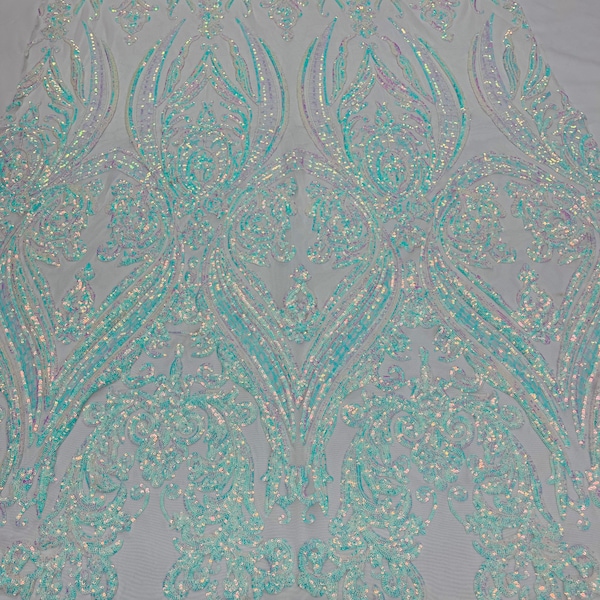 Iridescent Aqua/Blue Sequins - 4 Way Stretch Fancy Big Damask Design Sequins on Spandex Mesh Prom Gala Gown Fabric By The Yard