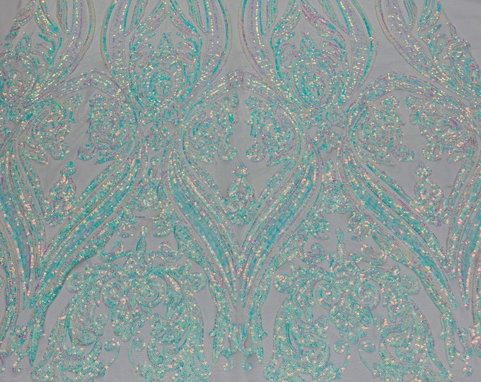 Iridescent Aqua/Blue Sequins - 4 Way Stretch Fancy Big Damask Design Sequins on Spandex Mesh Prom Gala Gown Fabric By The Yard