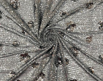 Black Flower Mille Stripe Sequin Fabric: 4-Way Stretch Mesh, Couture Gown Material