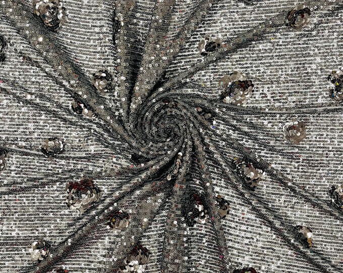 Black Flower Mille Stripe Sequin Fabric: 4-Way Stretch Mesh, Couture Gown Material