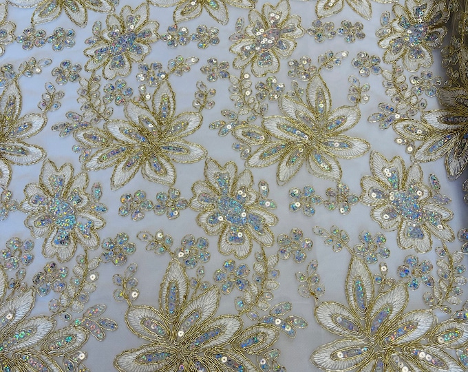 Ivory/Gold Holographic With Metallic Thread Flower Design Embroidered With Sequins Mesh Lace Fabric Floral  by the Yard (Pick a Size)