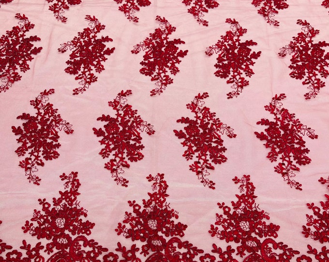 Burgundy Floral Lace Fabric, Embroidery on a Mesh Lace Fabric By The Yard For Gown, Wedding-Bridal-Dress