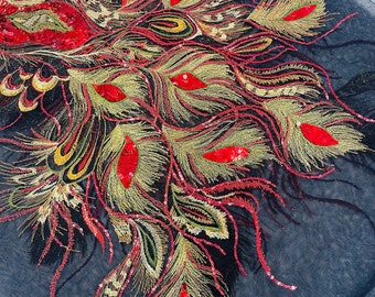 Red Peacock Feathers Design with Embroidered Sequins On Black Mesh Lace Fabric for Prom Dress (Choose The Panels)