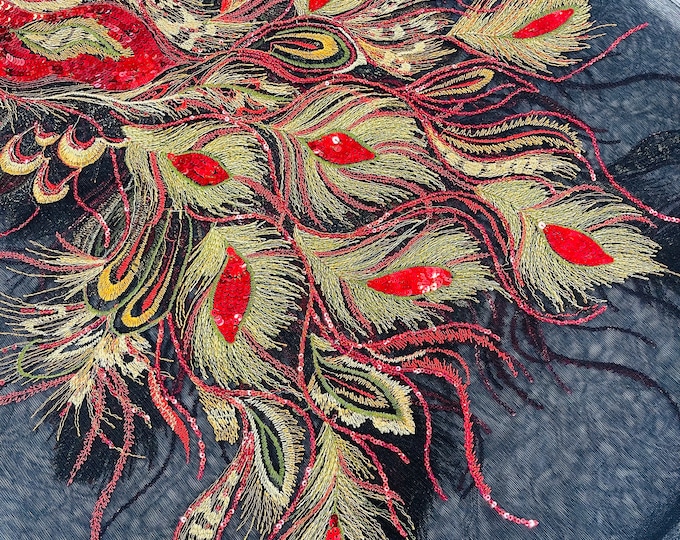 Red Peacock Feathers Design with Embroidered Sequins On Black Mesh Lace Fabric for Prom Dress (Choose The Panels)