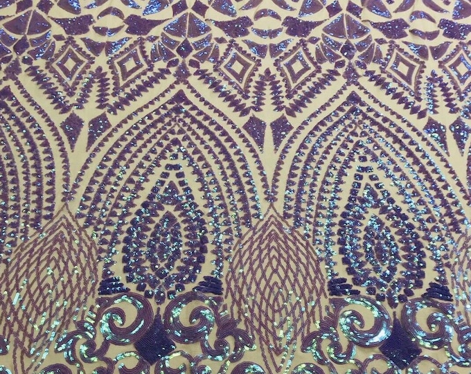 Lilac Iridescent  - 4 Way Stretch Geometric Sequins Bella Design on Mesh Fabric for Prom Gala Gown Sold By The Yard