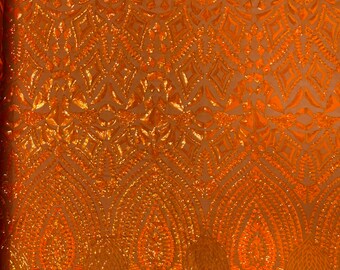Orange iridescent Sequin Fabric on a Mesh 4 Way Stretch - Geometric Design Embroidery With Sequins Iridescent (Pick a Size) by the yard