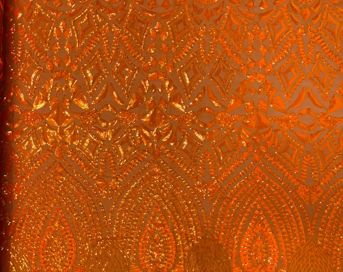 Orange iridescent Sequin Fabric on a Mesh 4 Way Stretch - Geometric Design Embroidery With Sequins Iridescent (Pick a Size) by the yard