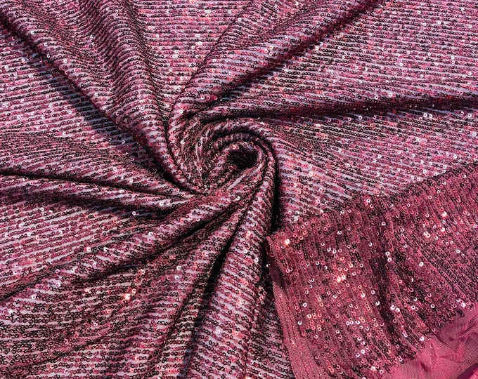 Burgundy Mille Striped Stretch Sequins | by the yard | Lace 4 Way Mesh-Prom-Gown | Wedding Couture Fabric | Sequin Fabric