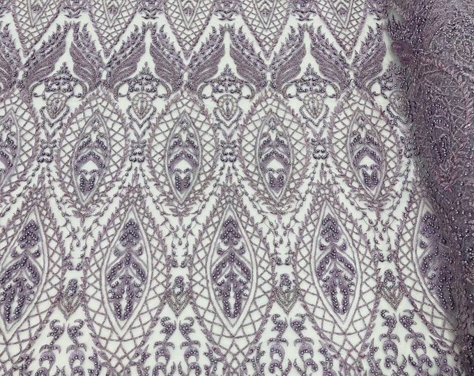 Lt Lilac Glam Damask Beaded Fabric, Embroidered Fashion Fabric with Beads Wedding Bridal Sold By Yard
