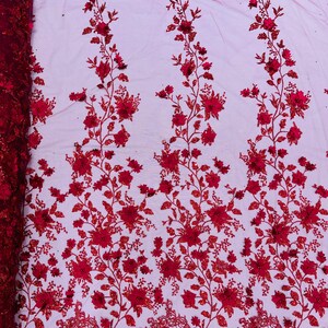 Burgundy 3D Flower Glitter Sequin Fabric by the Yard, 3D Floral Glitter ...