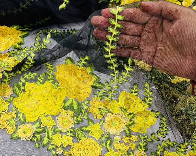 Yellow Oaxaca Lace Fabric By Yard, Multi Color Floral and Leaves Embroidery on (Black Mesh) Lace Fabric Mexican Sarape 3D Flower Quinceanera