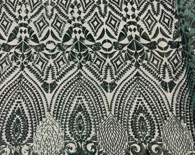Hunter Green - 4 Way Stretch Geometric Sequins Bella Design on Mesh Fabric for Prom Gala Gown Sold By The Yard