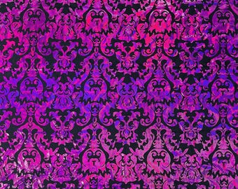 Black Fuchsia Holographic Damask Fabric: Metallic Poly Spandex, 4-Way Stretch