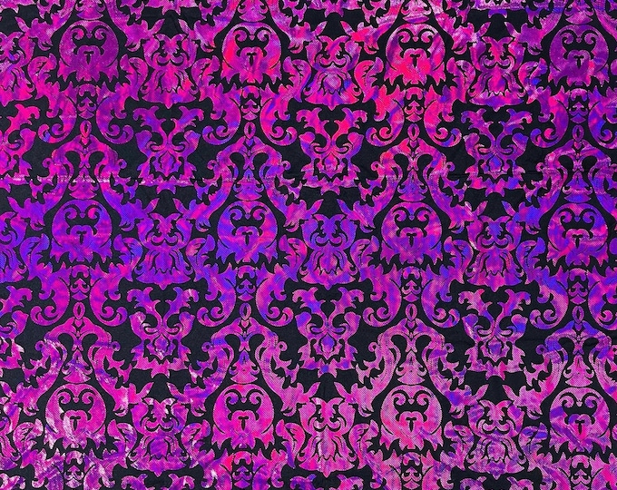 Black Fuchsia Metallic Holographic Damask Design With Holographic Print Poly Spandex Fabric 4 way stretch 60” Wide Sold By The Yard