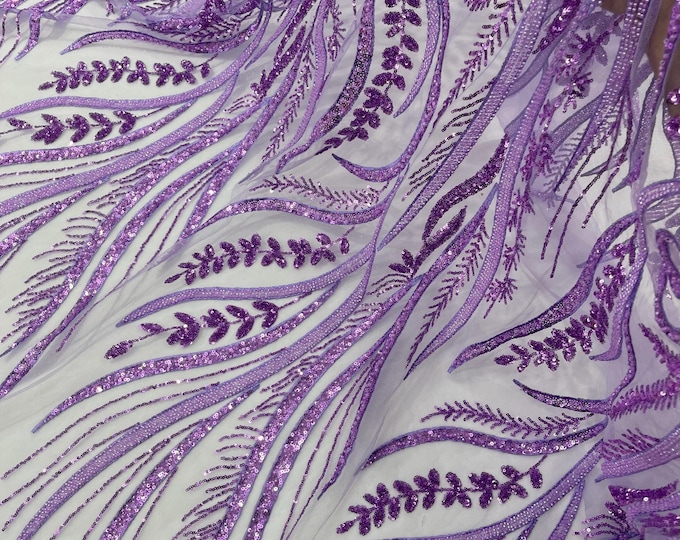 Lilac Beaded Lace Fabric: Embroidered Floral Mesh, Bridal Gown Material