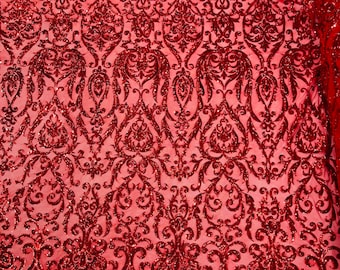 Red Sequins Fabric | by the yard | 4 Way Stretch Mesh | Embroidered King Damask Design With Sequin Lace Prom-Gown