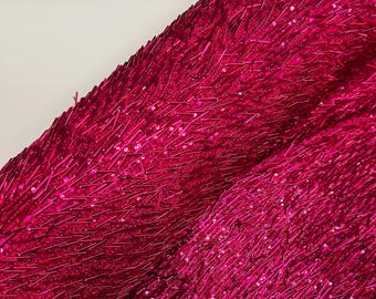 Fuchsia Gleam Beaded with Sequins Stretch Mesh Fabric By The Yard | Embroidery Beaded Sequins Fabric on a Mesh Prom,Gown