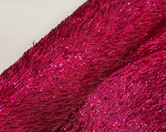 Fuchsia Gleam Beaded with Sequins Stretch Mesh Fabric By The Yard | Embroidery Beaded Sequins Fabric on a Mesh Prom,Gown