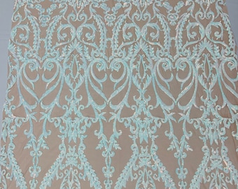 Aqua Iridescent Sequin Fabric Sold By The Yard - on Nude Mesh - Damask Design 4 Way Stretch Sequins Fabric