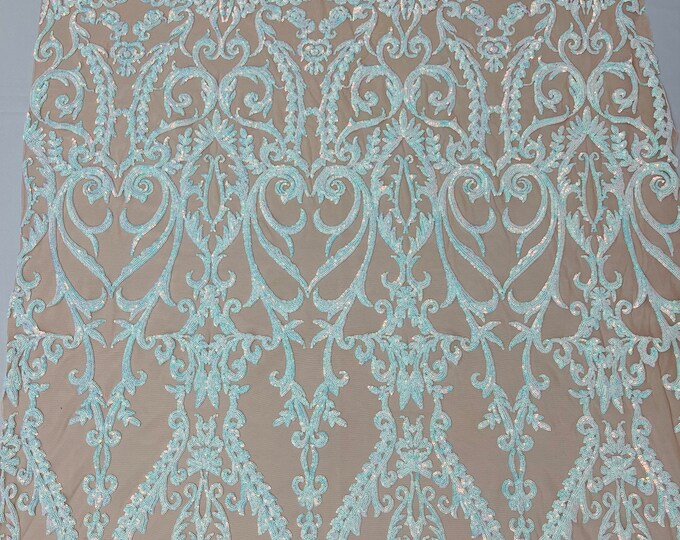 Aqua Iridescent Sequin Fabric Sold By The Yard - on Nude Mesh - Damask Design 4 Way Stretch Sequins Fabric