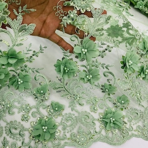 Sage 3D Chiffon Flower Lace Fabric: Beaded Embroidered Mesh, Bridal Wedding Dress