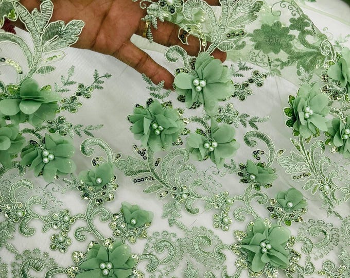 Sage 3D Chiffon Flower Beads and Sequins, 3D Lace Beaded Fabric Embroidered on a Mesh Lace,Wedding,Bridal,Dress Sold By The Yard