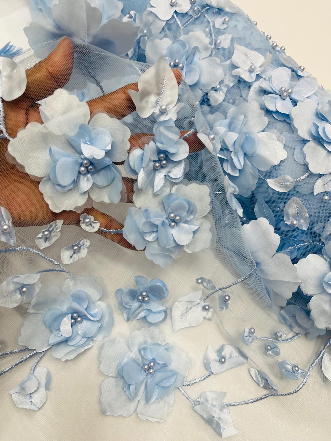 Baby Blue 3D Floral Lace Fabric With Pearls: Embroidered Mesh, Prom ...
