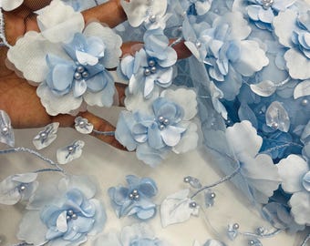 Baby Blue 3D Floral Lace Fabric with Pearls: Embroidered Mesh, Prom Dress