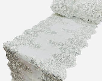 White Floral Sequined Lace Fabric: Silver Metallic Embroidery, 15" Wide